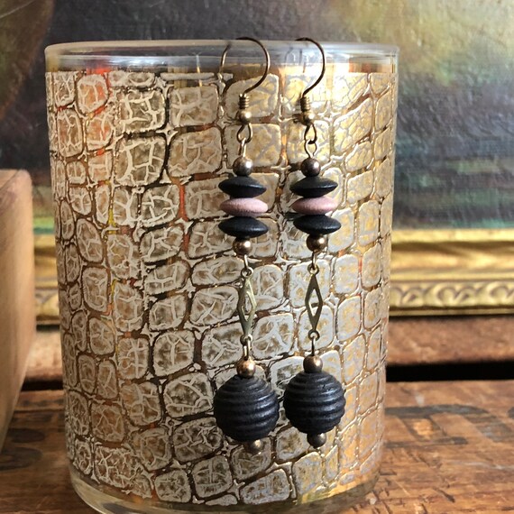 Dangly Earrings Black Wood Bead Pink Metallic Vin… - image 2