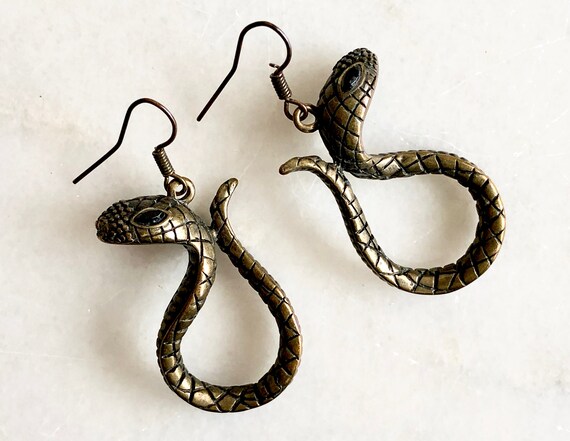 Snake Earrings Gold Black Metal Vintage Distresse… - image 1