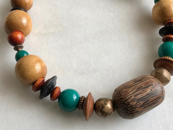 Wood Bead Necklace Brown Beige Green Gold Beads S… - image 2