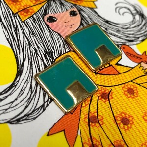 Teal Earrings Square Small Stud Post Earrings Gold Metal Vintage New Old Stock Jewelry