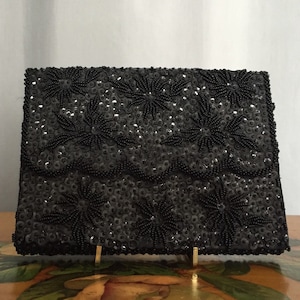 Vintage Black Sequin Beaded Purse Handbag Evening Bag Top Handle Strap Satin Lined by Simon