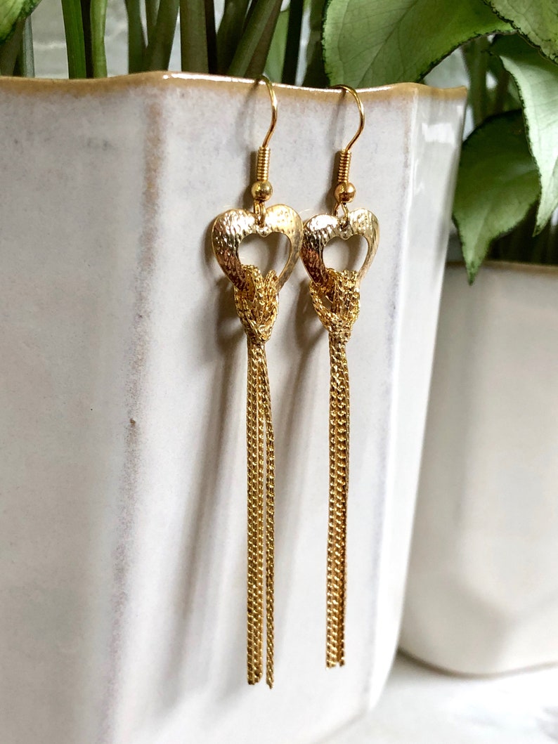 Heart Earrings Gold Tassel Dangly Chains Vintage Earrings Wire Statement Jewelry image 5