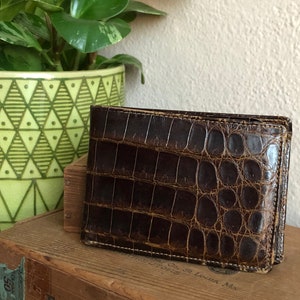 Brown Croc cartera cuero cartera billfold vintage angustiado tarjeta caja cartera de hombre