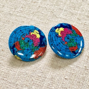World Map Pins Set of 2 Blue Pink Yellow Earth Badge Vintage Distressed Jewelry Christmas Gift