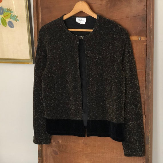 Gold Metallic Sweater Cardigan Black Velvet Waist… - image 1