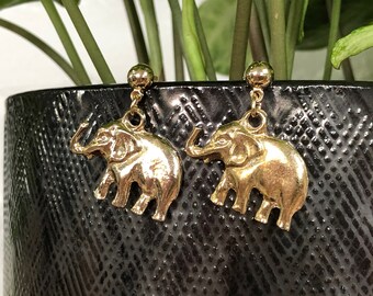 Elephant Earrings Gold Metallic Dangly Animal Vintage Jewelry Studs