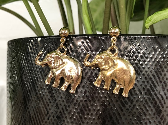 Elephant Earrings Gold Metallic Dangly Animal Vin… - image 1