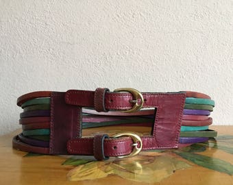 Colorful Leather Belt Vintage Joan and David Wide Strappy Maroon Green Teal Red Purple Women's XS or Small