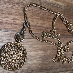 Gold Pendant Necklace Gold Metal Chain Vintage Distressed Faux Pocketwatch
