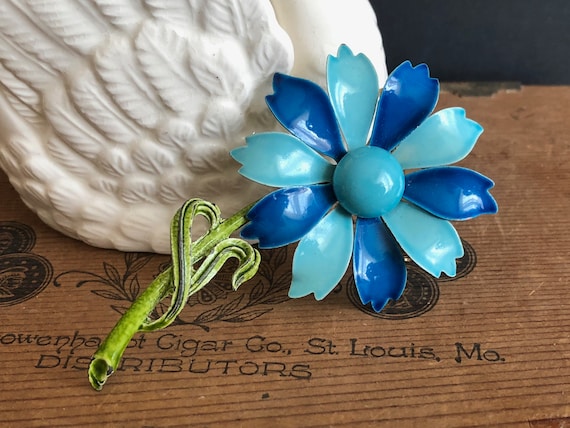 Blue Flower Pin Vintage Daisy Enamel Metal Green … - image 1