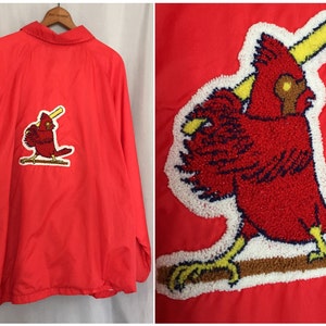 Cardinals Jacket Vintage Red Windbreaker Handstiched Chenille Logo Fredbird STL Men&#39;s Large or XL