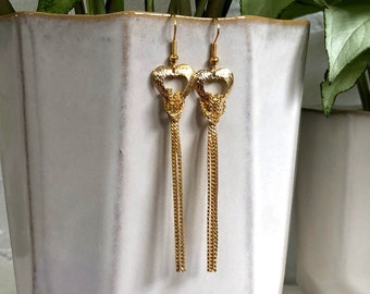 Heart Earrings Gold Tassel Dangly Chains Vintage Earrings Wire Statement Jewelry