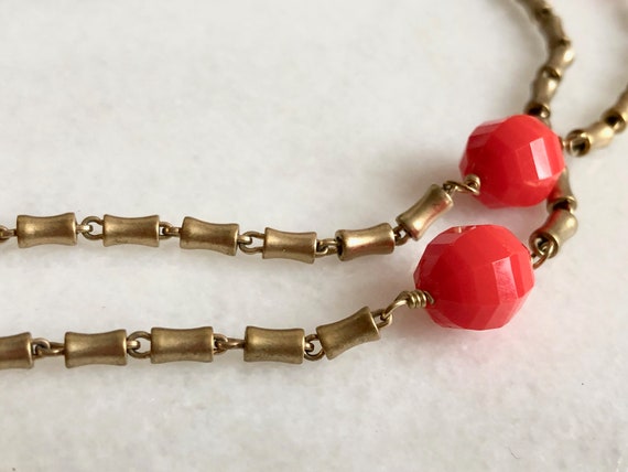 Gold Necklace Red Bead Brass Metal Vintage J Crew… - image 1