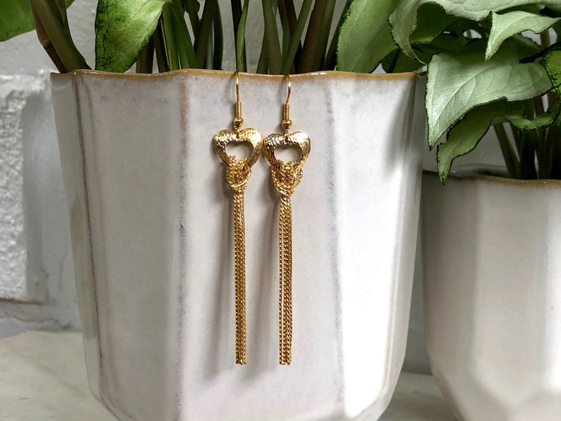 Heart Earrings Gold Tassel Dangly Chains Vintage Earrings Wire Statement Jewelry image 4