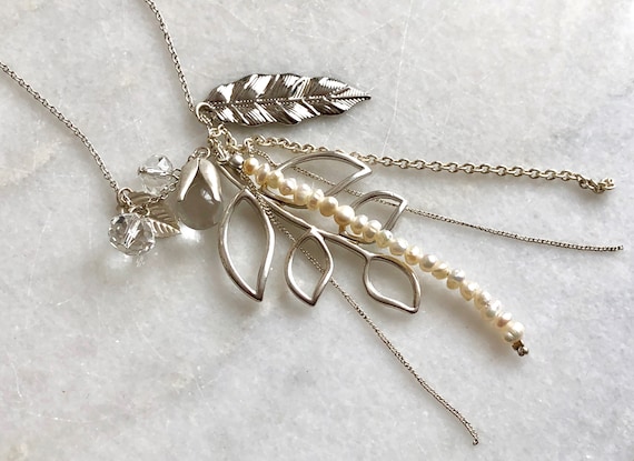 Silver Charm Necklace Long Chain Leaf Chains Vint… - image 1
