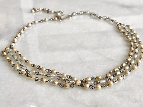 Beaded Necklace Collar Faux Pearl Beige White Sil… - image 2