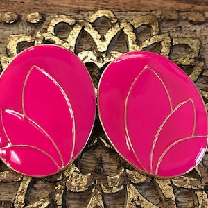Pink Earrings Oval Gold Metal Enamel Big Earrings Vintage Jewelry Studs