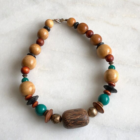 Wood Bead Necklace Brown Beige Green Gold Beads S… - image 3