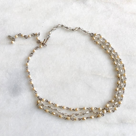 Beaded Necklace Collar Faux Pearl Beige White Sil… - image 5