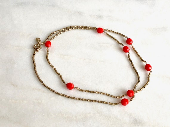 Gold Necklace Red Bead Brass Metal Vintage J Crew… - image 2
