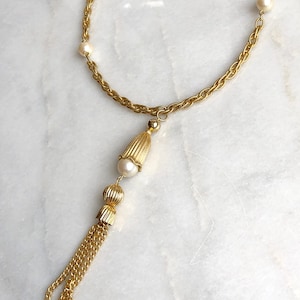 Gold Tassel Necklace White Pearl Beads Metallic Vintage Necklace Beaded Chunky Vintage Jewelry Statement Piece