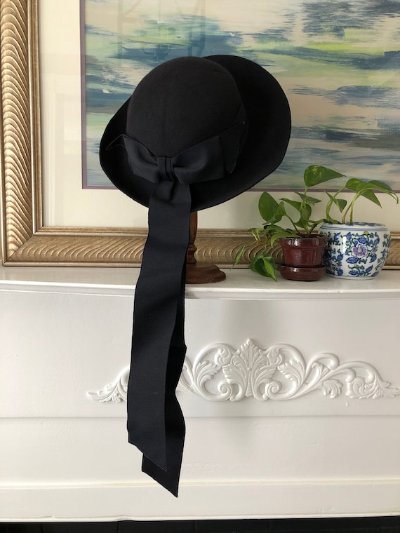 Navy Blue Hat Long Ribbons Vintage Distressed Wom… - image 2