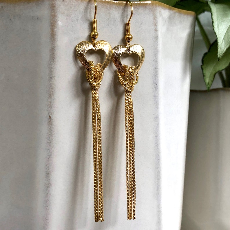 Heart Earrings Gold Tassel Dangly Chains Vintage Earrings Wire Statement Jewelry image 3