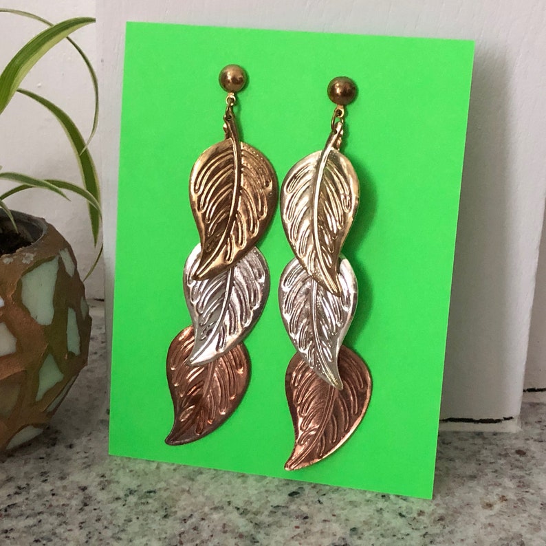 Dangly Earrings Metallic Leaf Gold Silver Bronze Vintage Distressed Gypsy Earrings Big Statement Jewelry image 1