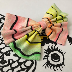 Neon Hairbow Barrette Bow Fabric Vintage Distressed Big Ruffle Bow Clip Clasp Hot Pink Yellow Blue Orange Green