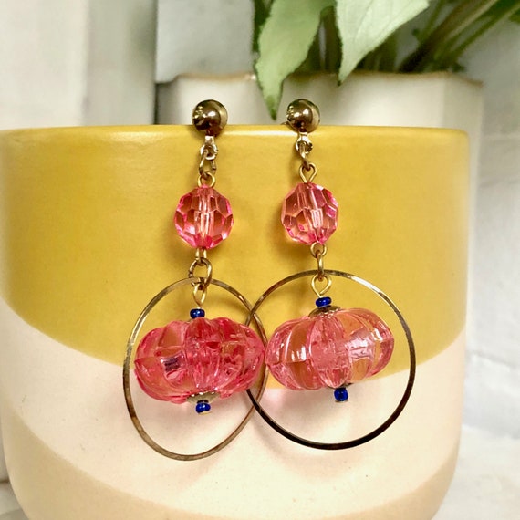 Pink Earrings Clear Plastic Tiny Blue Beads Gold … - image 1