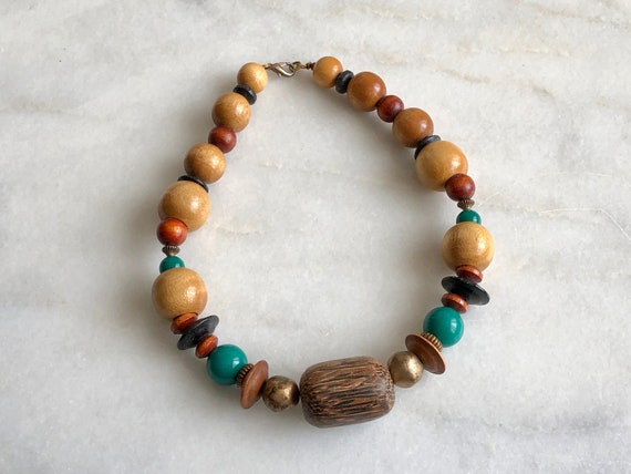 Wood Bead Necklace Brown Beige Green Gold Beads S… - image 1