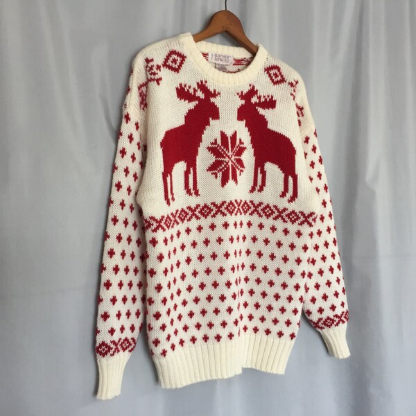 Moose Sweater Vintage Cream White and Maroon Red Snowflake Vintage Medium or Large