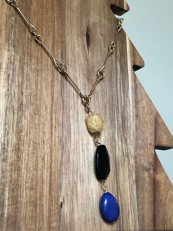 Pendant Necklace Sparkle Gold Bead Black Blue Sto… - image 4