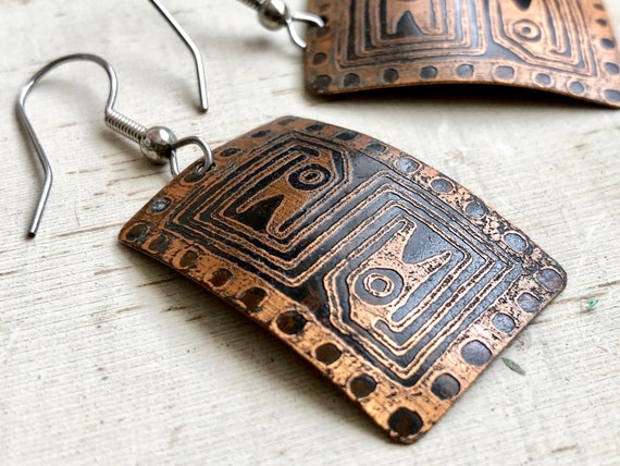 Copper Earrings Snake Symbols Rectangular Metal V… - image 4