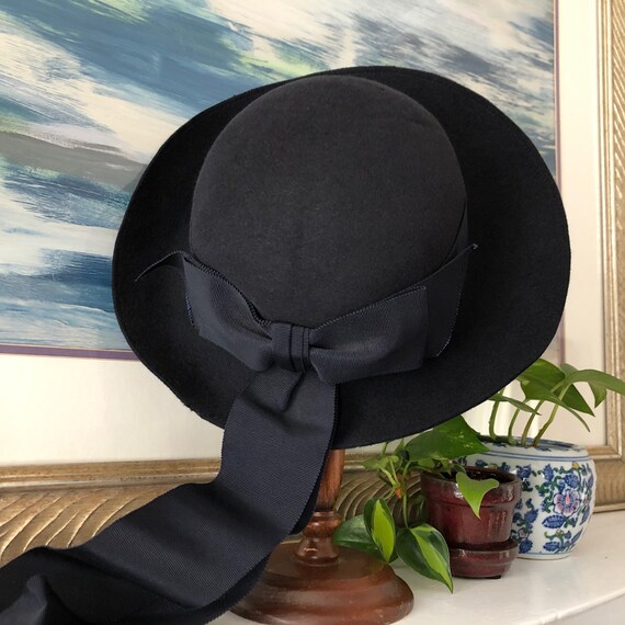 Navy Blue Hat Long Ribbons Vintage Distressed Wom… - image 3