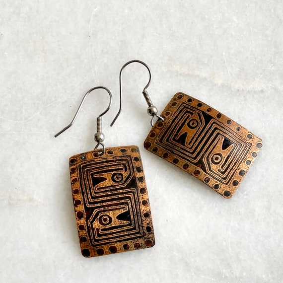 Copper Earrings Snake Symbols Rectangular Metal V… - image 1