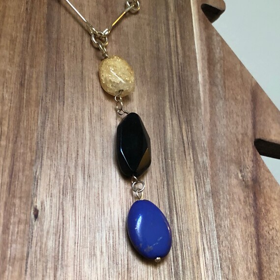 Pendant Necklace Sparkle Gold Bead Black Blue Sto… - image 2