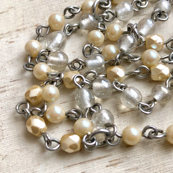 Beaded Necklace Collar Faux Pearl Beige White Sil… - image 4