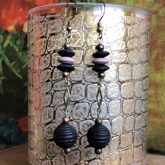 Dangly Earrings Black Wood Bead Pink Metallic Vin… - image 4