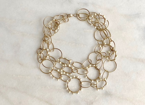 Gold Necklace White Beaded Chain Rings Multistran… - image 1