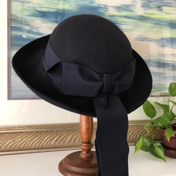 Navy Blue Hat Long Ribbons Vintage Distressed Wom… - image 5