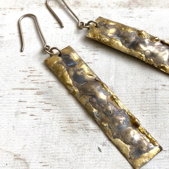 Gold Earrings Dangly Rectangular Metal Vintage Di… - image 3
