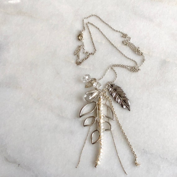Silver Charm Necklace Long Chain Leaf Chains Vint… - image 4