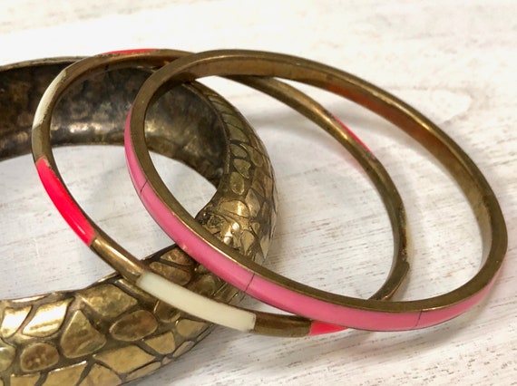 Thin Bangle Bracelets Set of 2 Hot Pink White Pas… - image 3
