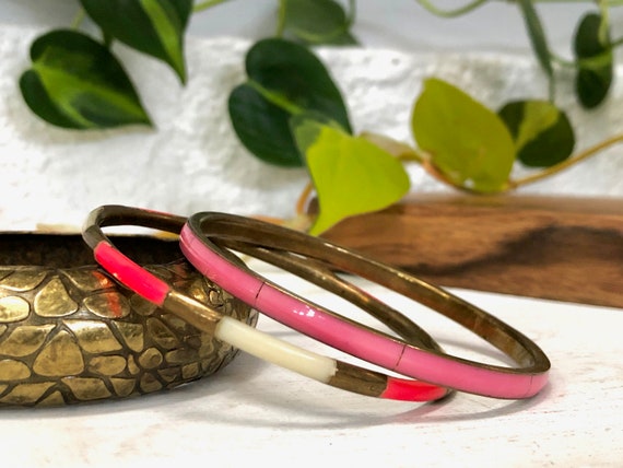 Thin Bangle Bracelets Set of 2 Hot Pink White Pas… - image 1