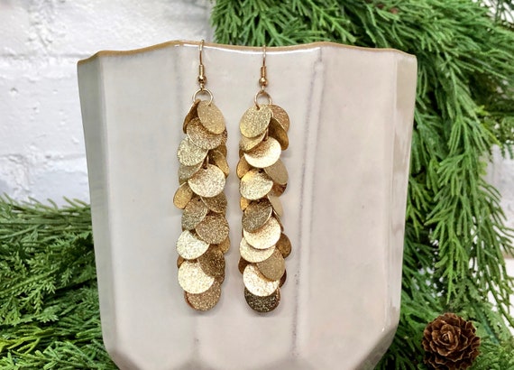 Gold Dangly Earrings Frosted Glitter Circle Charm… - image 2