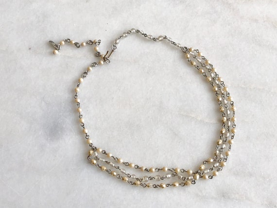 Beaded Necklace Collar Faux Pearl Beige White Sil… - image 1