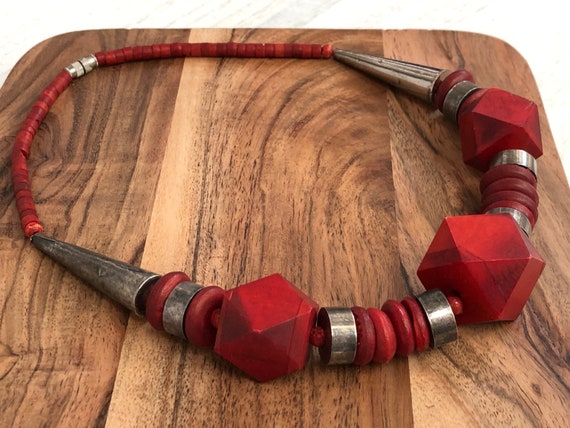 Red Necklace Wooden Beads Silver Metal Chunky Nec… - image 1