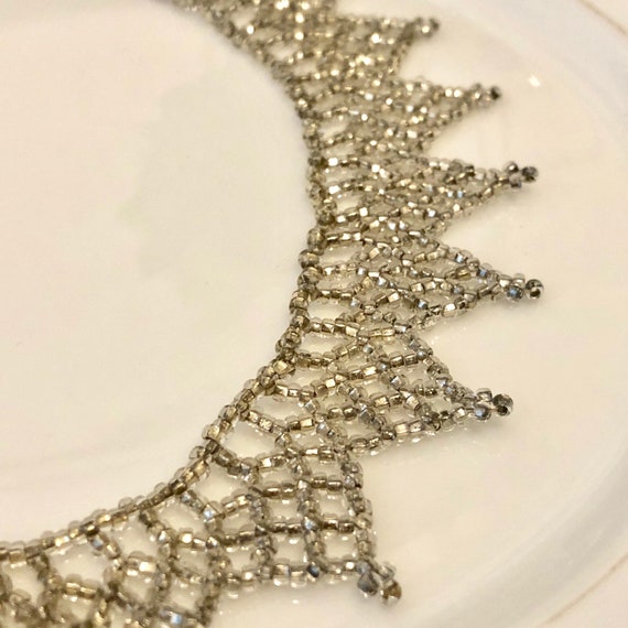 Silver Beaded Necklace Choker Collar Metallic See… - image 1