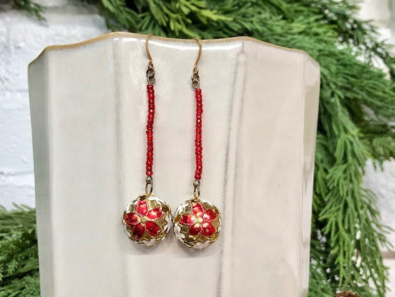 Jingle Bell Earrings Red Beads Dangly Gold Brass Bell Gem